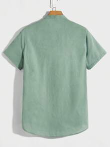 Manfinity BRENVOR Men Cotton Mock Neck Patch Detail Plain Casual Short Sleeve Shirt, For Husband, Couple Things - Mint Green - View 2
