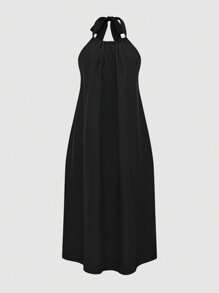 Chiquease 女式休闲纯色露背吊带中长连衣裙，夏季 - 黑色 - 查看 1