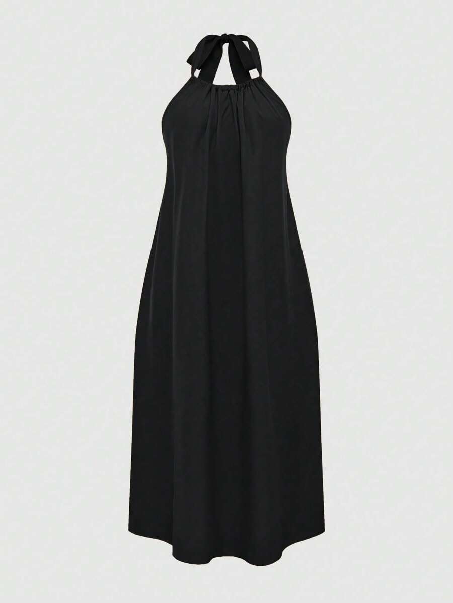 Chiquease 女式休闲纯色露背吊带中长连衣裙，夏季 - 黑色 - 查看 1