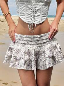 SHEIN ICON 女士花卉印花荷叶边下摆迷你裙，适合节日穿着