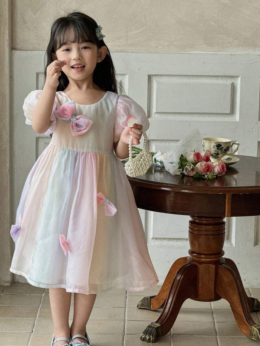 DAZY Girls (Small) Gradient Bow Decor Puffy Sleeve Party Birthday Dress, Korean Style