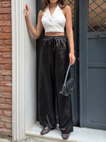 EURMUSE Tall Tall Size Women Pastal Wide Leg Pants With Elastic Waist Golf Girlisim - Black - View 5