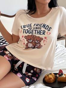 2pcs Bear Letter Print Pajama Set Cute Pajama Set Cute Sleepwear Teddy Bear Pajama Set Women Summer Pajama - Multicolor - View 4