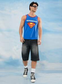 SUPERMAN X SHEIN Men's Casual Street Fashion Logo And Letter Graphic Ringer Tank Top, For Summer