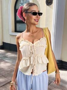 Chiquease Women's Solid Color Front Tie Layered Trim Simple Camisole - Apricot - View 1