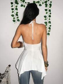 EgrlEra Áo hai dây cổ chữ V in hoa không đối xứng cho nữ - trắng - Xem 2