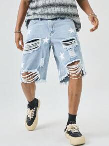Manfinity EMRG Pantalones cortos de mezclilla con efecto lavado y desgastado con estampado de estrellas para hombres - Lavado ligero - Ver 3