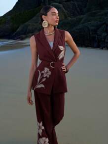 ZEYLAH Business Style Embroidered Linen Loose Fit Dual Breasted Suit Vest - Burgundy - View 9