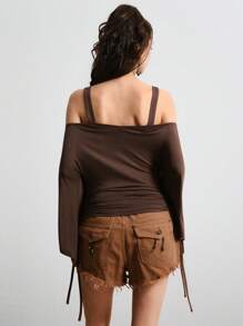 ROMWE Hippie Camiseta de mujer con volantes en los hombros, mangas acampanadas y unicolor de moda - Café integral - Ver 3
