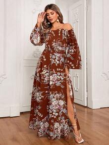 SHEIN VCAY Plus Size Off-Shoulder Long Sleeve Floral Print Maxi Dress, Vacation Style - Burnt Orange - View 1