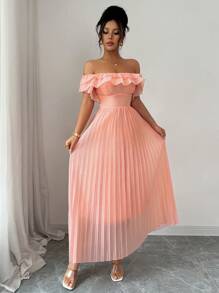 Selianne 女士春夏优雅法式浪漫荷叶边方领收腰A字裙，适合茶会穿着 - 珊瑚橙 - 查看 3