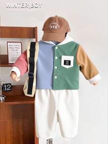 SHEIN 2pcs Set Baby Boy Colorful Monotone Contrast Color Hooded Loose Drop Shoulder Lightweight Jacket Top & White Long Pants Casual Outfit, Soft Corduroy Fabric Suitable For Daily Wear, Indoor, School, Travel