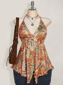 SHEIN ICON 大码女式春夏外出度假休闲复古印花露背吊带衫 Y2K V 领西部女式波西米亚风海滩女式嬉皮娃娃上衣