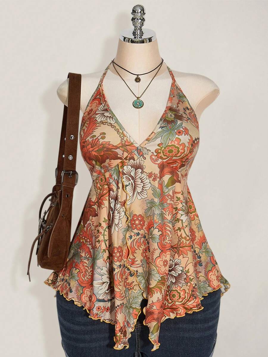 SHEIN ICON 大码女式春夏外出度假休闲复古印花露背吊带衫 Y2K V 领西部女式波西米亚风海滩女式嬉皮娃娃上衣