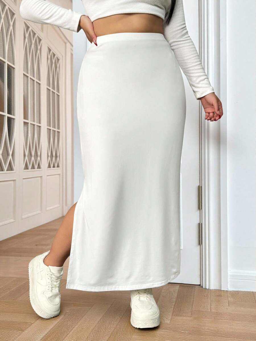 SHEIN EZwear Plus Solid Split Hem Skirt Summer Outfits - White - View 1