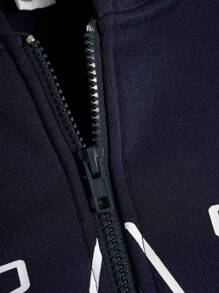 SHEIN 少女休闲学院风街头风保暖连帽拉链卫衣外套，简约字母印花贴袋宽松落肩长袖设计，藏蓝色，适合秋冬季女童穿着。 - 藏蓝色 - 查看 6