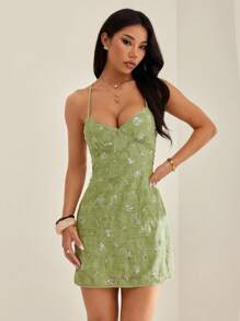 SHEIN PETITE Summer Women's Festival Outfits Backless Sequin Jacquard Green Resort Mini Dress,Mint Green Dress - Green - View 5