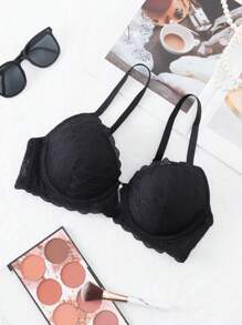 SHEIN 1 Piece Wireless Padded Lace Bra With Lift-Up Support, Black