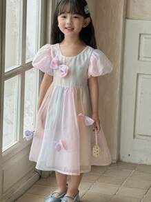 DAZY Girls (Small) Gradient Bow Decor Puffy Sleeve Party Birthday Dress, Korean Style