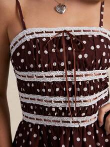 WESTFADE Brown And White Polka Dot Summer Cottage Core Picnic Mini Dress,Satin Ribbon Floral Eyelet Square Neck Bow Tie Ruched Tiered A Line Fit & Flare Boho - Brown - View 2