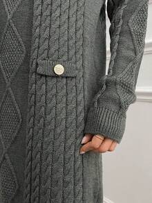 EURMUSE Women Solid Color Cable Knit Pattern Button Detailed Round Neck Mini Sweater Dress,Winter Dresses - Grey - View 7