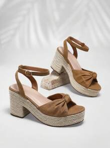 SHUZIA 结饰亚麻带草编厚底高跟鞋