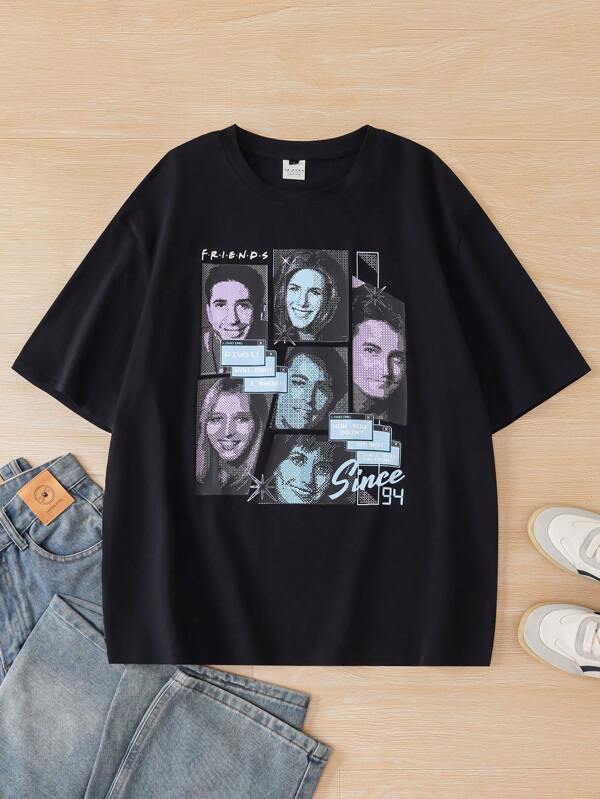 FRIENDS X SHEIN Heymoonly Men's Summer Letter & Character Graphic Round Neck Loose Casual T-Shirt Friends T Shirt Friends Graphic Tee Tv Show Graphic Tee 90s Graphic Tee Y2k Graphic Tee