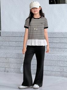 DAZY 女童秋季两件套服装 - 圆领条纹短袖T恤+长裤套装 - 黑與白 - 查看 5