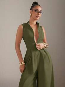Hauture 超宽腿拉链前无袖连体裤 - 軍綠色 - 查看 5