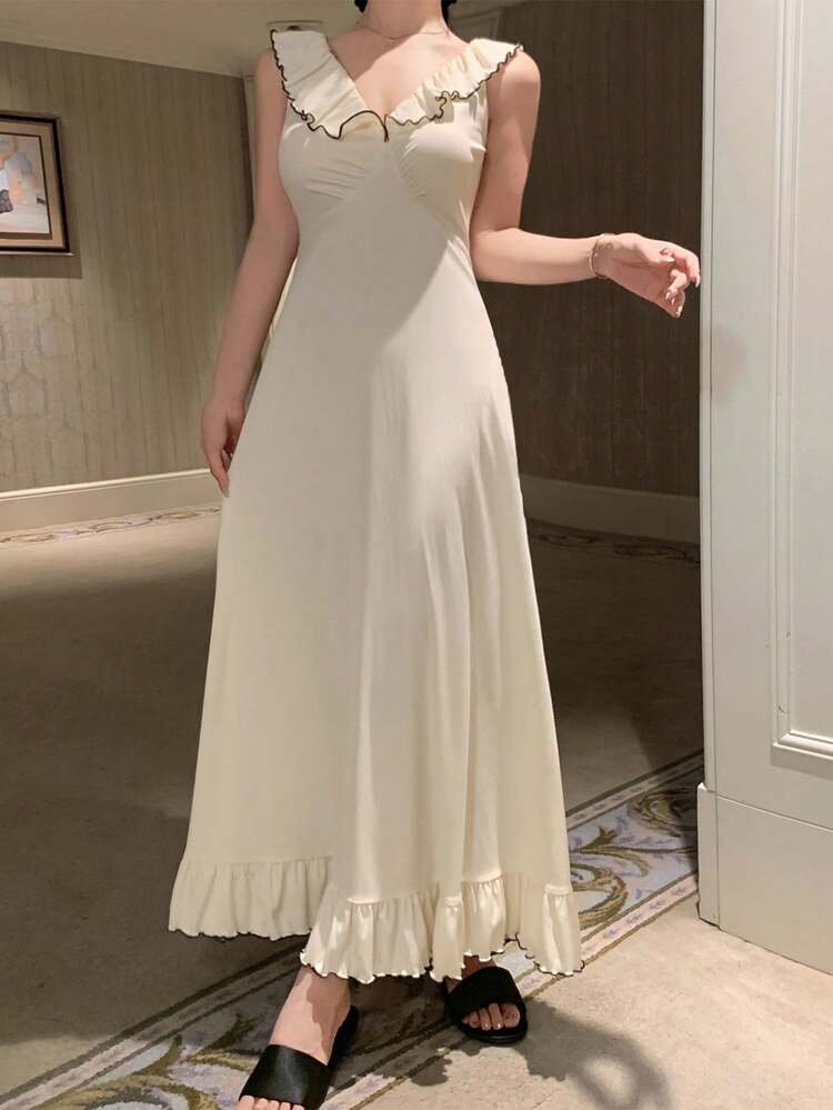 French Style Ruffled Collar Color Block Trim Waist-Cinched Long Women's Nightgown Pajama