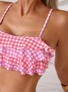Swim Mod 2pcs/Set Women's Cute Gingham Random Print Ruffled Bandeau & Triangle Bikini Swimwear Set, Summer - Multicolor - View 4