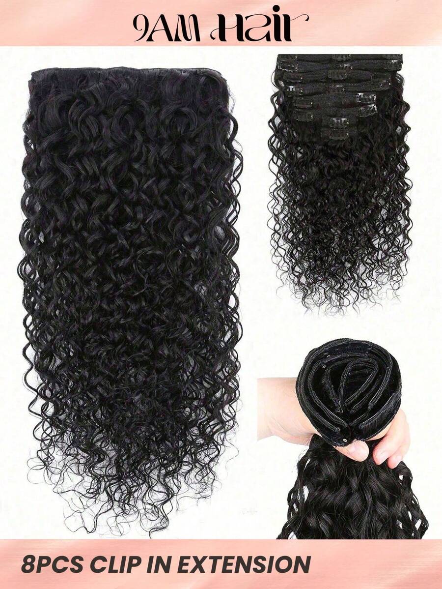 8pcs Clip In Water Wave Human Hair Extension 1B Extension For Women Daily Use Real Easy To Wear Natural Black Color Hair Extensions - Natural Black - View 1