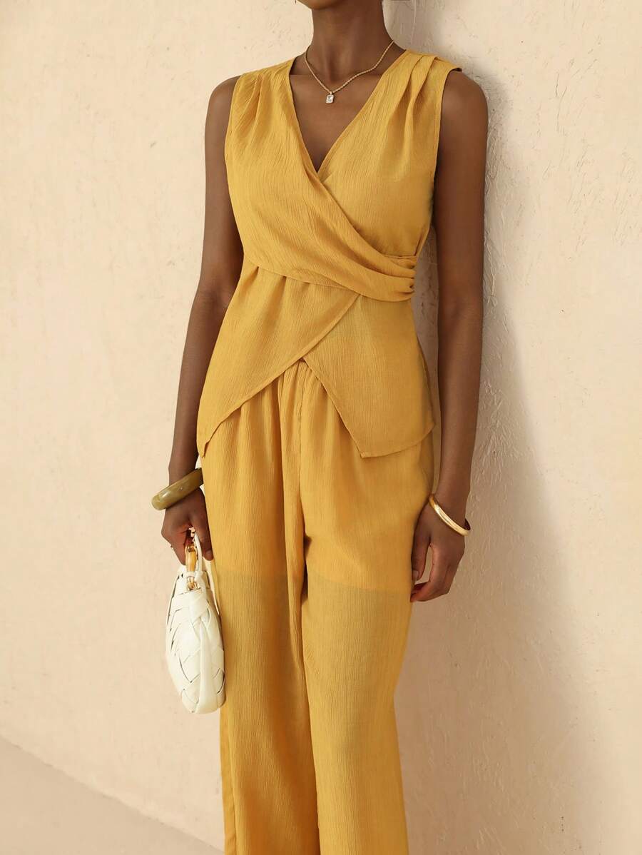 Vesra Women's 2 Pieces Set Summer New Arrival High-End Fashionable & Versatile Sleeveless V-Neck Top And Straight-Leg Pants Suit