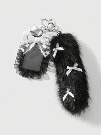 Grunge Punk 1pc Y2K Stylish Luxurious Dark Gothic Style Black Glitter Faux Fur Tail Ribbon, Lace Bow, CCB Star Trim Card Holder & Lanyard DIY Keychain, Suitable For Office Workers, Students, Daily Wear, Holiday Gift