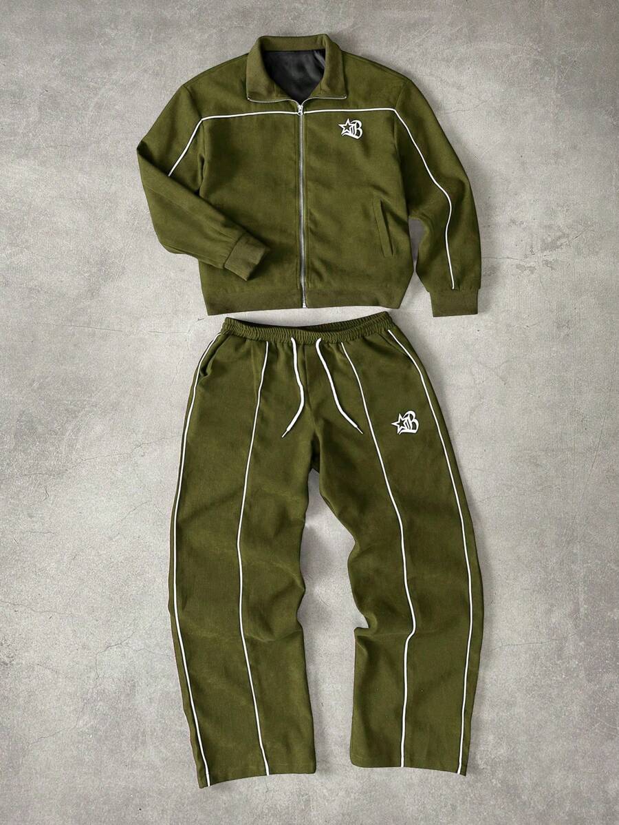 STYNVO Men's Contrast Striped Long Sleeve Zip-Up Casual Summer Jacket & Pants, Fall Clothes - Army Green - View 1