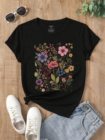 SHEIN Plus Size Floral Print Casual Fashionable T-Shirt, Suitable For Summer