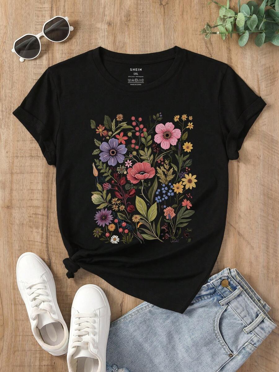 SHEIN Plus Size Floral Print Casual Fashionable T-Shirt, Suitable For Summer - Black - View 1