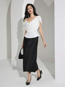 Heiryn Women's Butterfly Decor Polka Dot Print Loose Draped Neck Blouse Old Money Style,Airport Wedding Guest Fall - White - View 6