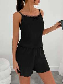 EURMUSE Wonen 撞色蕾丝和生菜边吊带上衣和生菜边休闲短裤家居服套装 - 黑色 - 查看 3