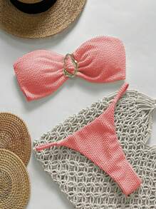 Swim Chiccia Springbreak 女士沙滩装夏季套装，纯色提花面料露肩金属装饰性感比基尼套装 - 粉色 - 查看 1