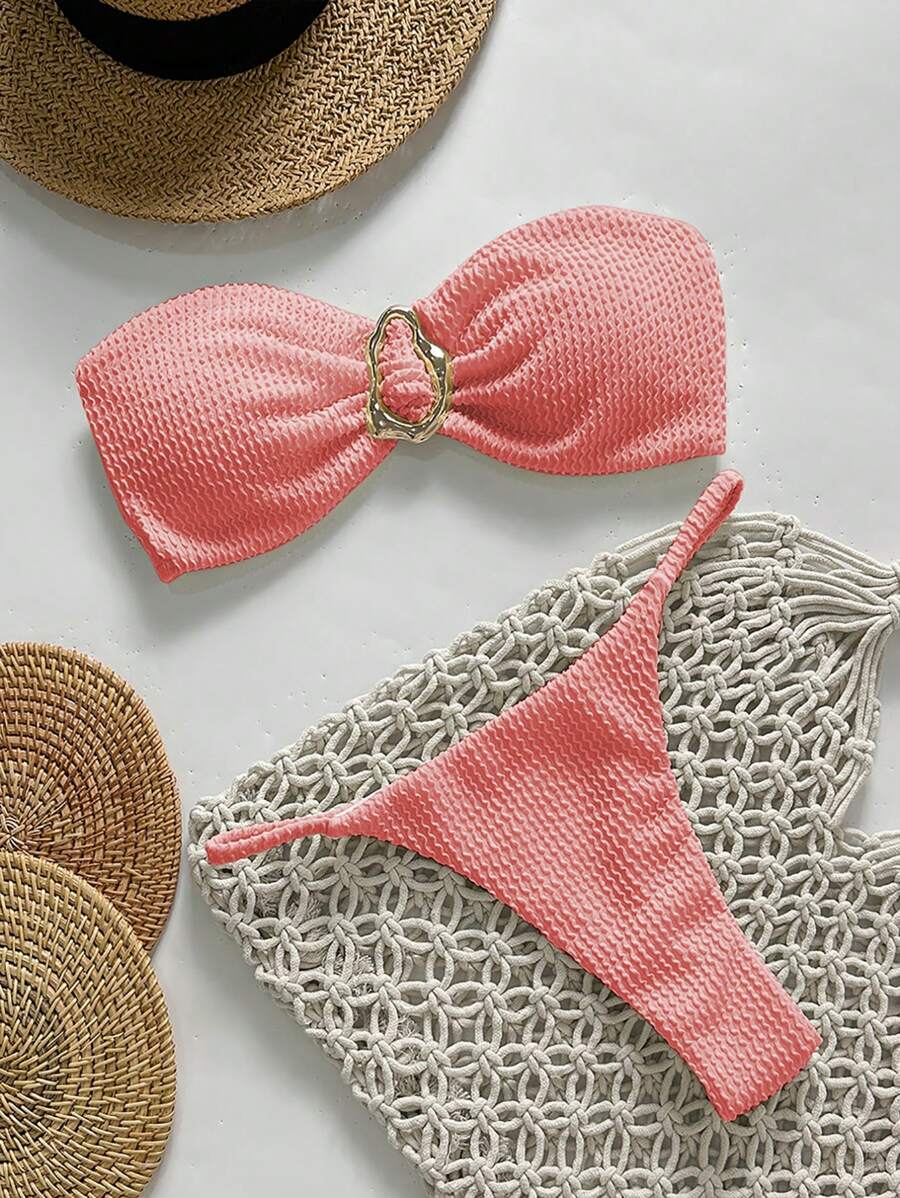 Swim Chiccia Springbreak 女士沙滩装夏季套装,纯色提花面料露肩金属装饰性感比基尼套装 - 粉色 - 查看 1
