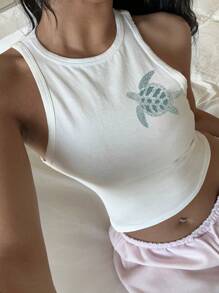 SHEIN EZwear 休闲简约圆领修身女士白色背心，适合夏季海滩度假装返校