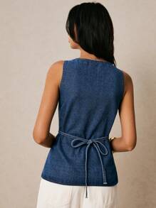 Poéselle 女式方领单排扣无袖休闲牛仔上衣 - 深色水洗藍 - 查看 2