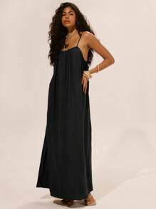 Musera Resort Linen Strappy Baggy Collum Maxi Dress Spring Summer Ibiza Outfit Holiday Cute Romantic Festival Vacation Beachwear Beach Black Fall  Elegant Graduation Long Dress - Black - View 5