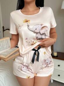 Bộ đồ ngủ 2 món áo tay ngắn in hình chú voi dễ thương và quần short - Nhiều màu - Xem 1