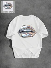 Manfinity EMRG 大码男式金属银唇和 3D 雕塑图案印花 T 恤，休闲街头风格，百搭