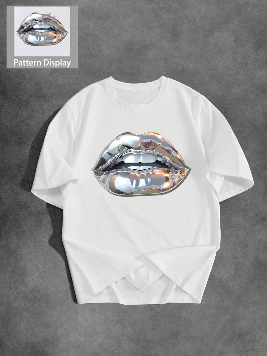 Manfinity EMRG 大码男式金属银唇和 3D 雕塑图案印花 T 恤，休闲街头风格，百搭