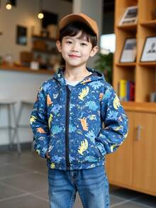 Nuevo abrigo casual con capucha y estampado de dinosaurios, súper lindo, para niño joven de moda