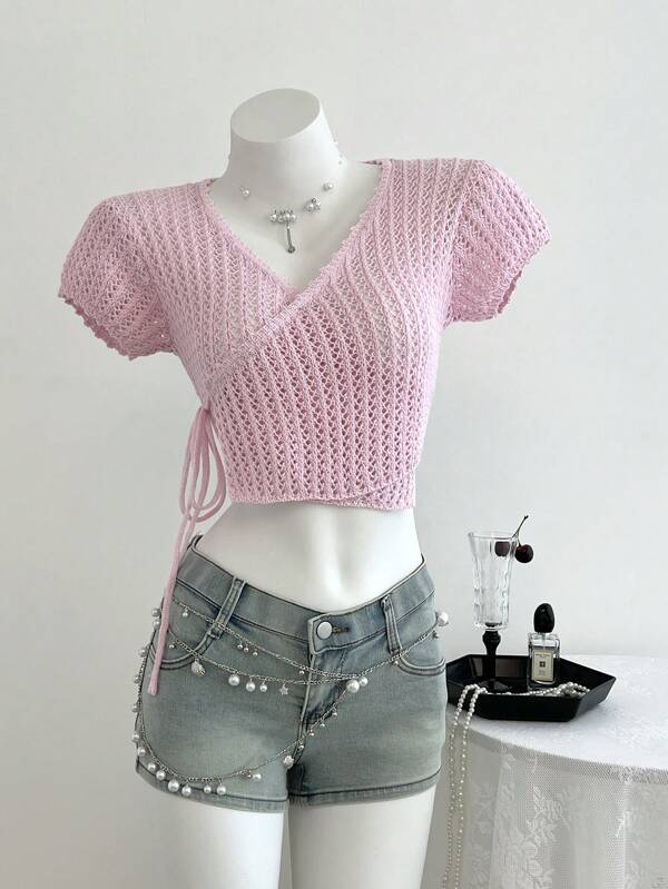 Elamini Women's Solid Color Vacation Knitted Twist Front Thin Cardigan