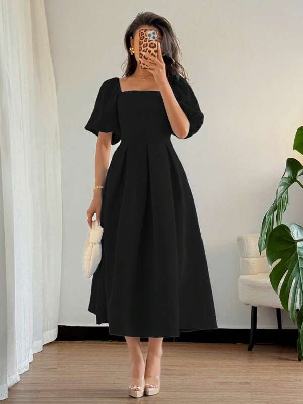 Elenzga Women's Elegant Simple Casual Commute Office Business Vacation Afternoon Tea Party Solid Color Ruffle Hem Big A-Line Puff Sleeve Short Sleeve Dress, Spring/Summer